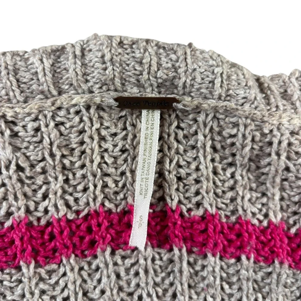 Free People Sweater Womens L Pink Striped Oversized V-Neck Knit Boho Chunky Knit